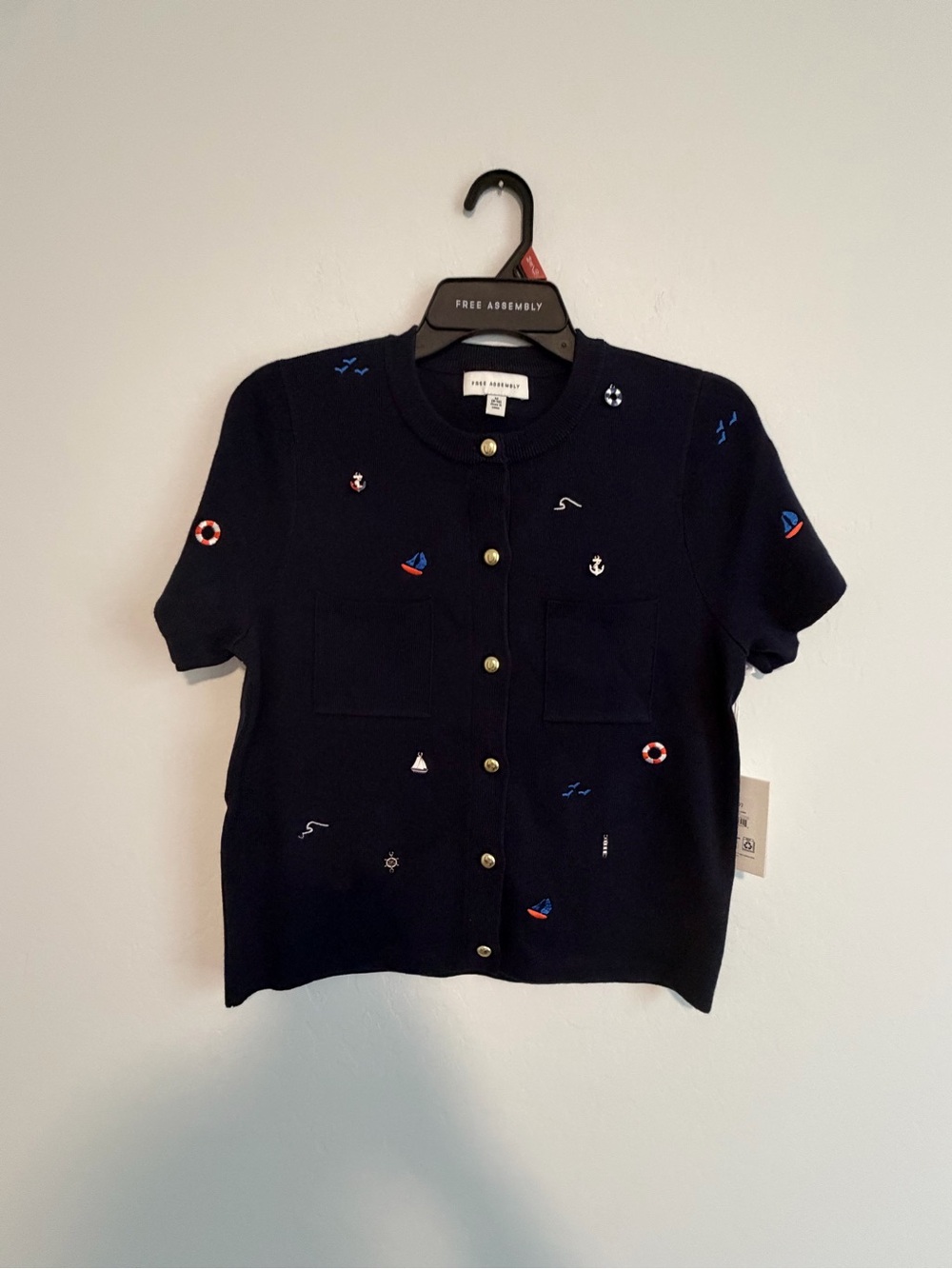 Navy Embroidered Short-Sleeve Cardigan Top